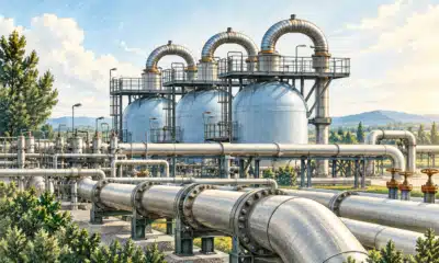 Illustrazione di serbatoi di gas e condotte interconnesse in un impianto industriale.