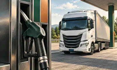 Illustrazione di una pompa per gasolio in primo piano e di un camion commerciale sullo sfondo.