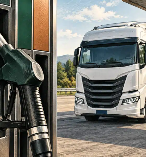 Illustrazione di una pompa per gasolio in primo piano e di un camion commerciale sullo sfondo.