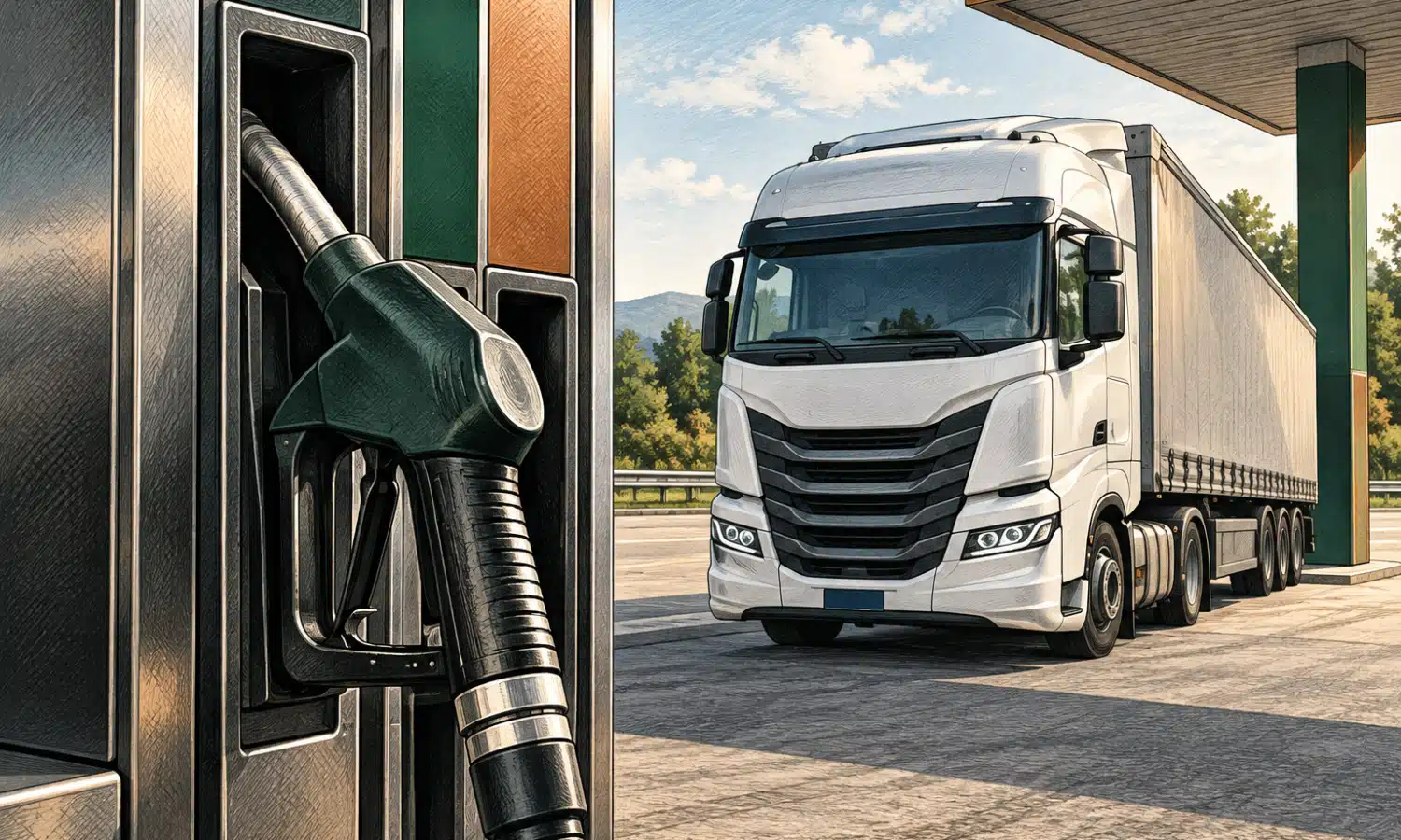 Illustrazione di una pompa per gasolio in primo piano e di un camion commerciale sullo sfondo.