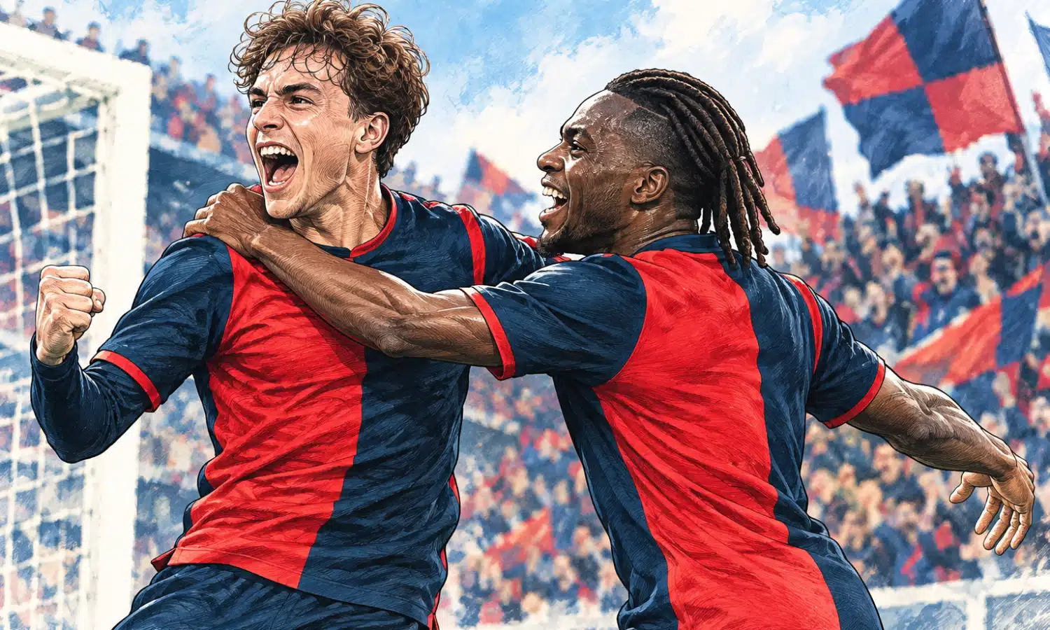 Illustrazione editoriale di due giocatori del Genoa che esultano davanti a una curva appena accennata.