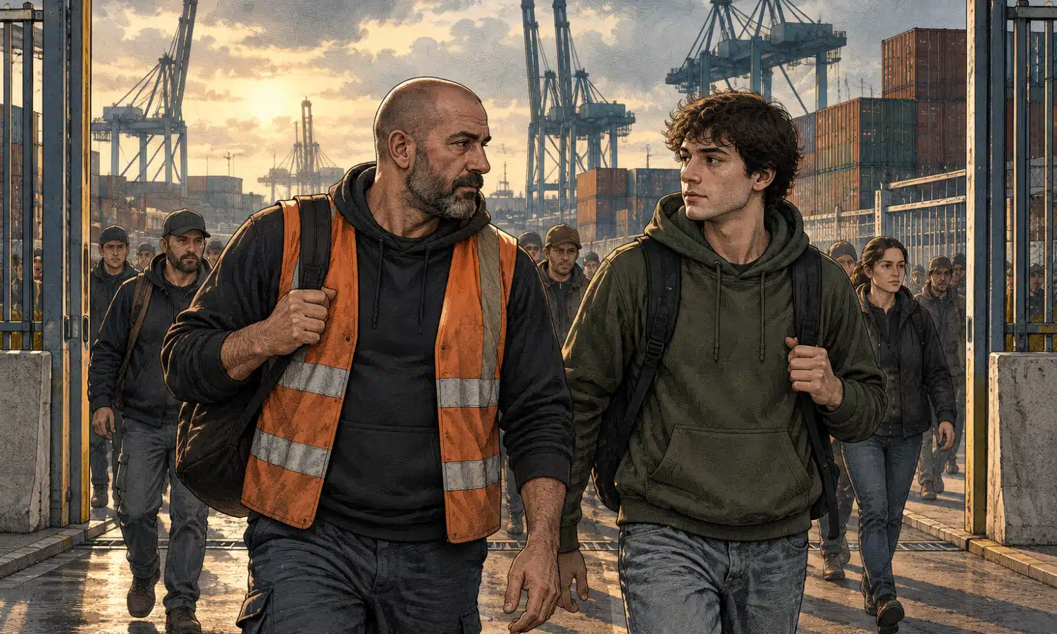 Illustrazione di un lavoratore portuale e uno studente in testa a un corteo che attraversa un ingresso portuale, con container sullo sfondo.