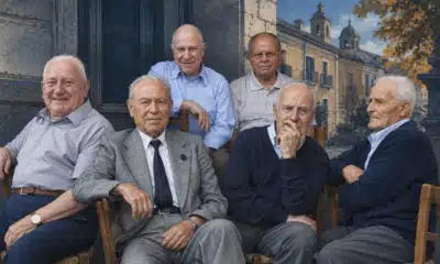 Illustrazione editoriale di un gruppo di uomini anziani seduti, ispirata alla foto di riferimento, per un articolo sul peso delle pensioni e sulle priorità di bilancio.