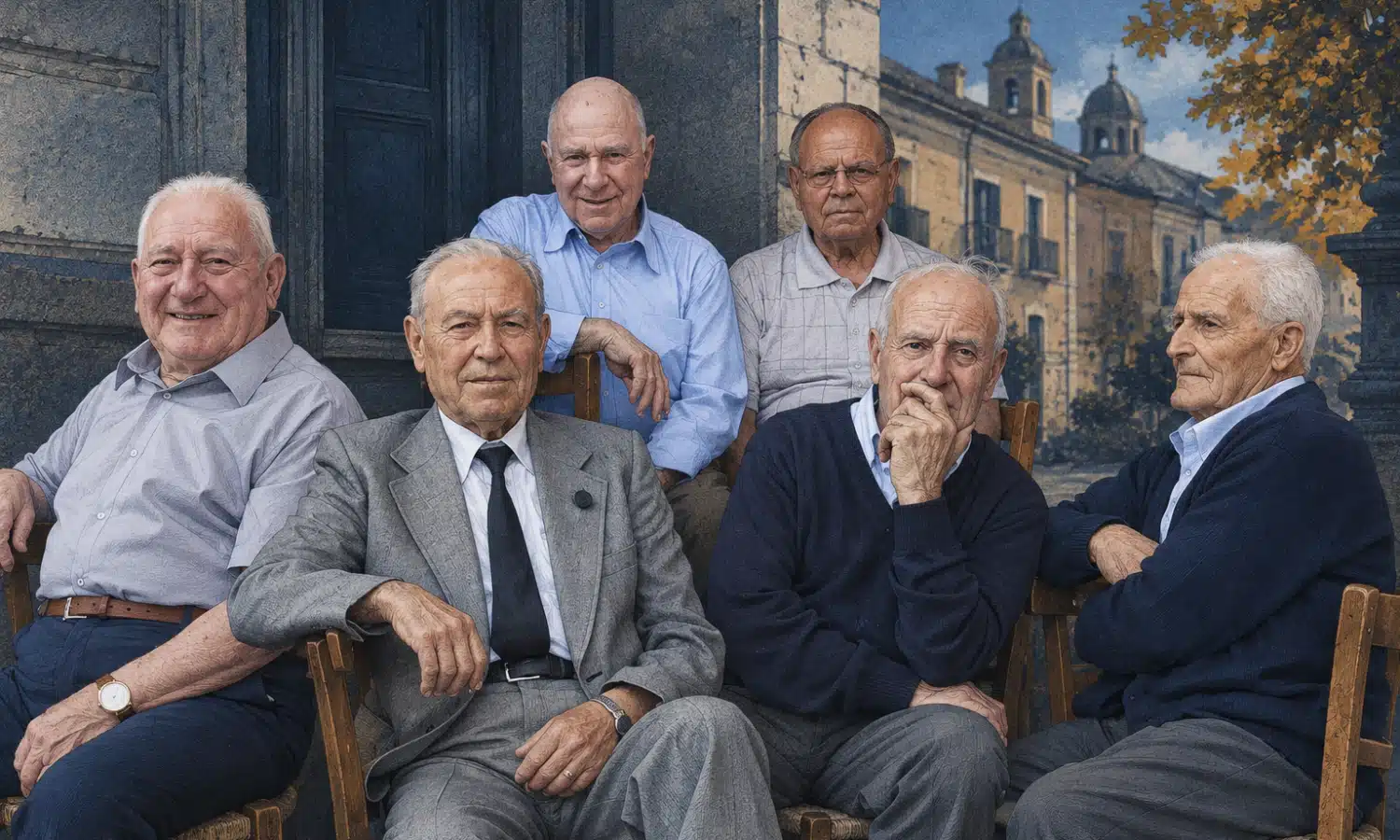 Illustrazione editoriale di un gruppo di uomini anziani seduti, ispirata alla foto di riferimento, per un articolo sul peso delle pensioni e sulle priorità di bilancio.