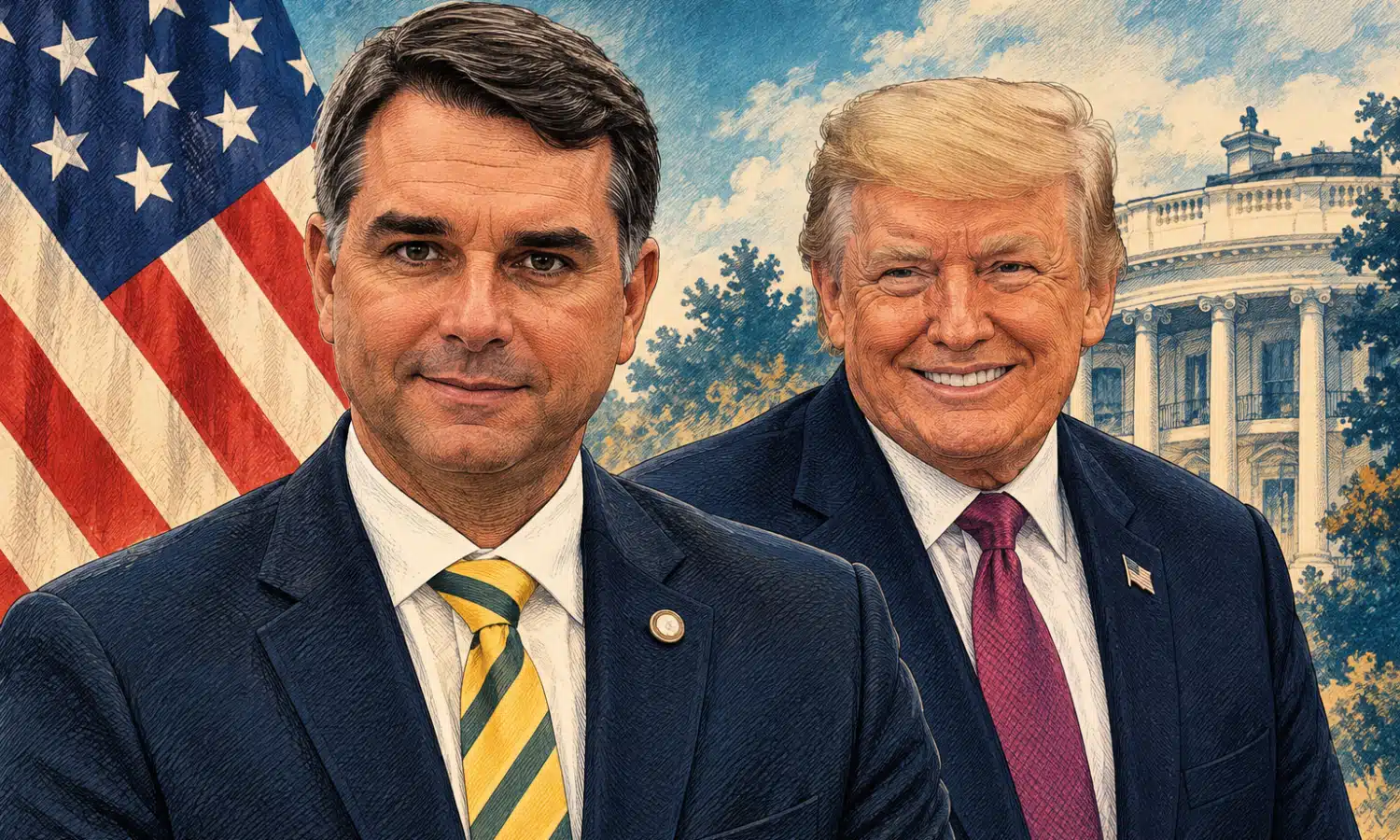 Ritratto editoriale di Flávio Bolsonaro in primo piano e Donald Trump sullo sfondo, con un richiamo discreto alla bandiera statunitense.