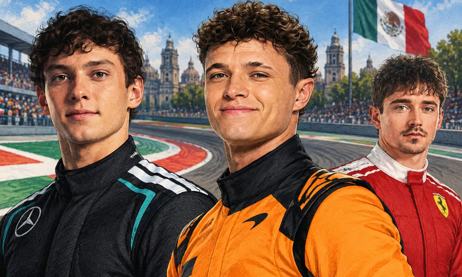 Illustrazione editoriale di Lando Norris e Kimi Antonelli in primo piano, con Charles Leclerc sullo sfondo, per raccontare i primi tre delle FP3 del GP del Messico.