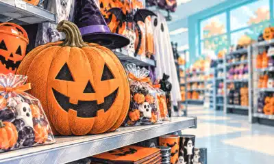 Illustrazione di una zucca decorativa in primo piano su uno scaffale con prodotti a tema Halloween.
