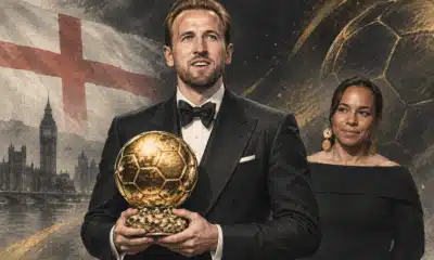Illustrazione editoriale di Harry Kane accanto a un Pallone d’Oro, con sfondo scuro e accenti dorati.