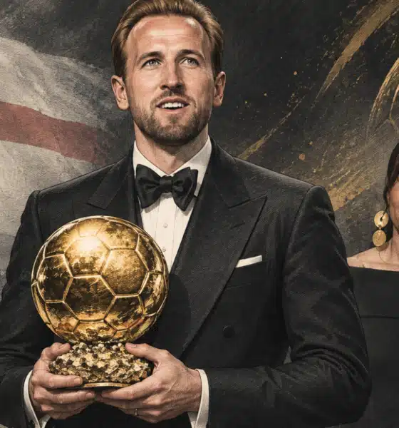 Illustrazione editoriale di Harry Kane accanto a un Pallone d’Oro, con sfondo scuro e accenti dorati.