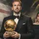 Illustrazione editoriale di Harry Kane accanto a un Pallone d’Oro, con sfondo scuro e accenti dorati.