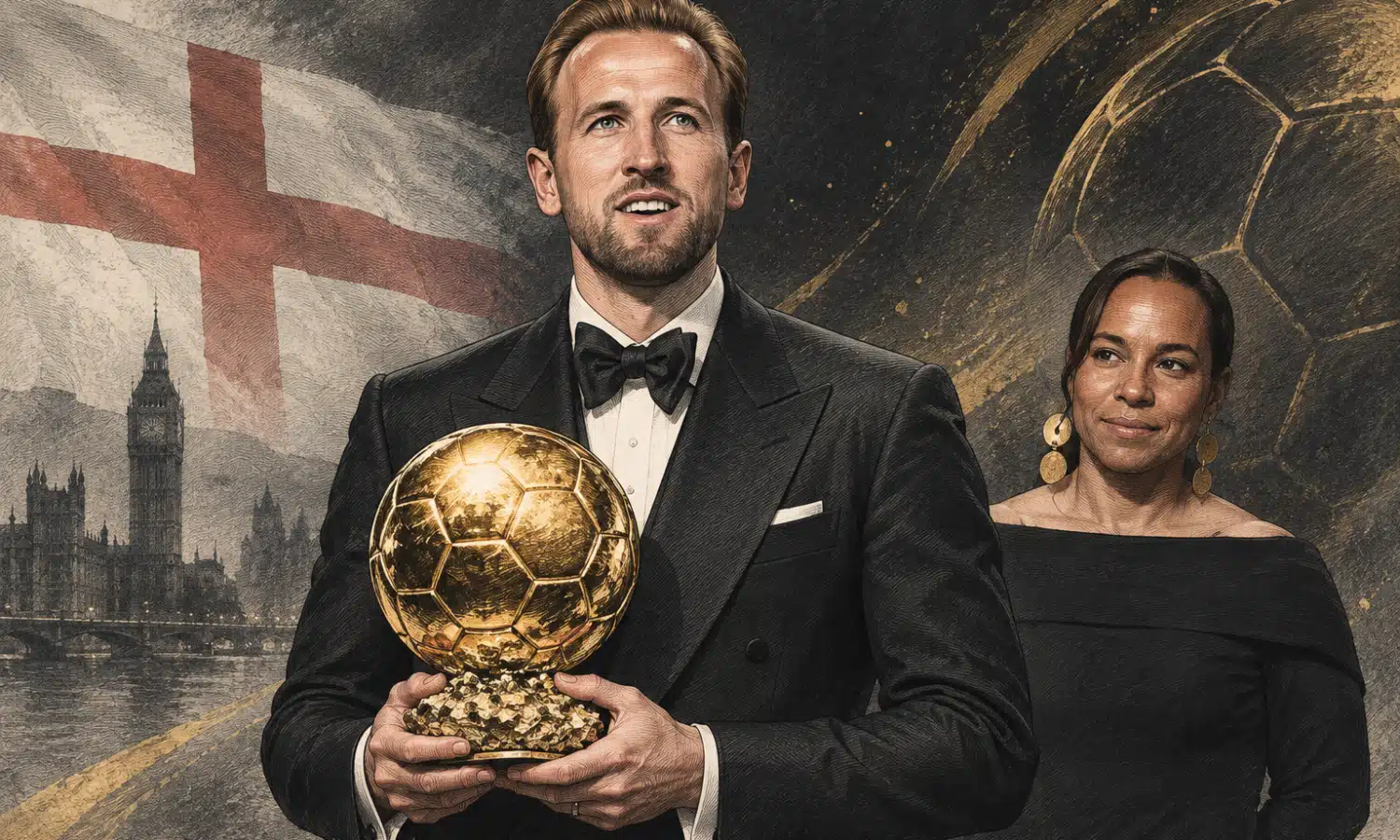 Illustrazione editoriale di Harry Kane accanto a un Pallone d’Oro, con sfondo scuro e accenti dorati.