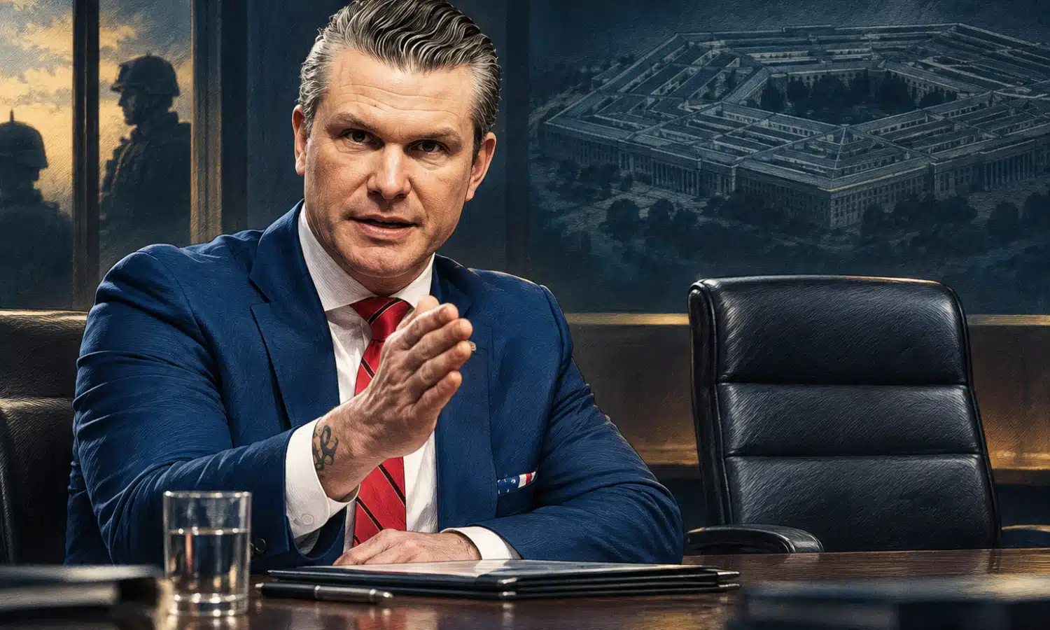 Ritratto illustrato di Pete Hegseth davanti a una sala istituzionale di pianificazione con una sedia vuota sullo sfondo.