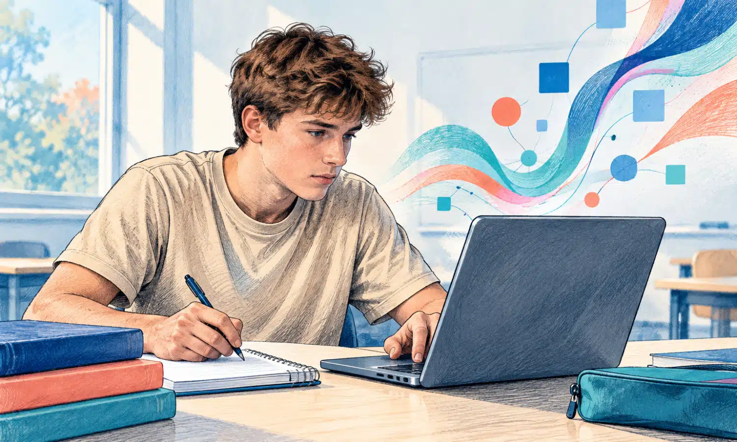 Illustrazione di uno studente delle superiori concentrato su un laptop e un quaderno durante lo studio.