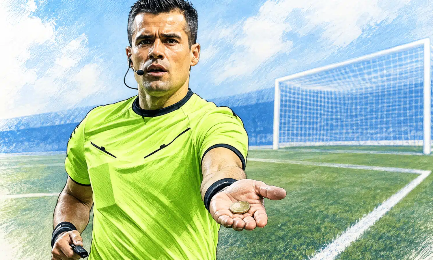Illustrazione di un arbitro con una moneta in mano davanti a una porta stilizzata, simbolo della proposta IFAB di un solo sorteggio prima dei tiri di rigore.