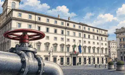 Illustrazione editoriale di Palazzo Chigi con una valvola del gas chiusa in primo piano.