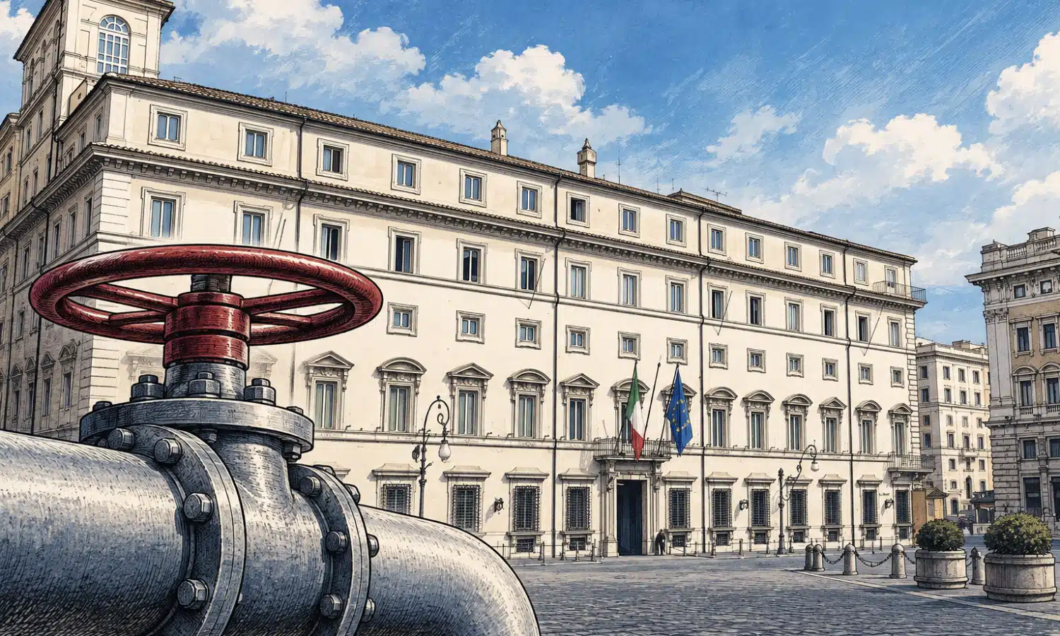 Illustrazione editoriale di Palazzo Chigi con una valvola del gas chiusa in primo piano.