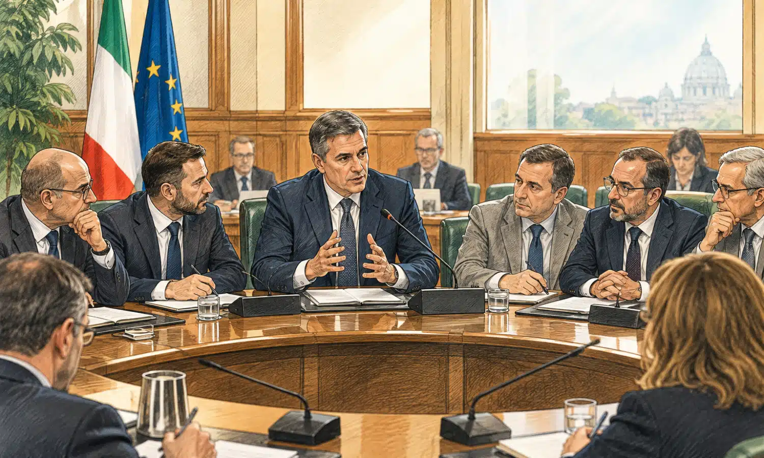 Illustrazione di un tavolo di confronto con microfoni, documenti non leggibili e partecipanti anonimi sullo sfondo.