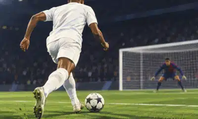 Illustrazione di Mbappé in maglia bianca con un avversario blaugrana sullo sfondo