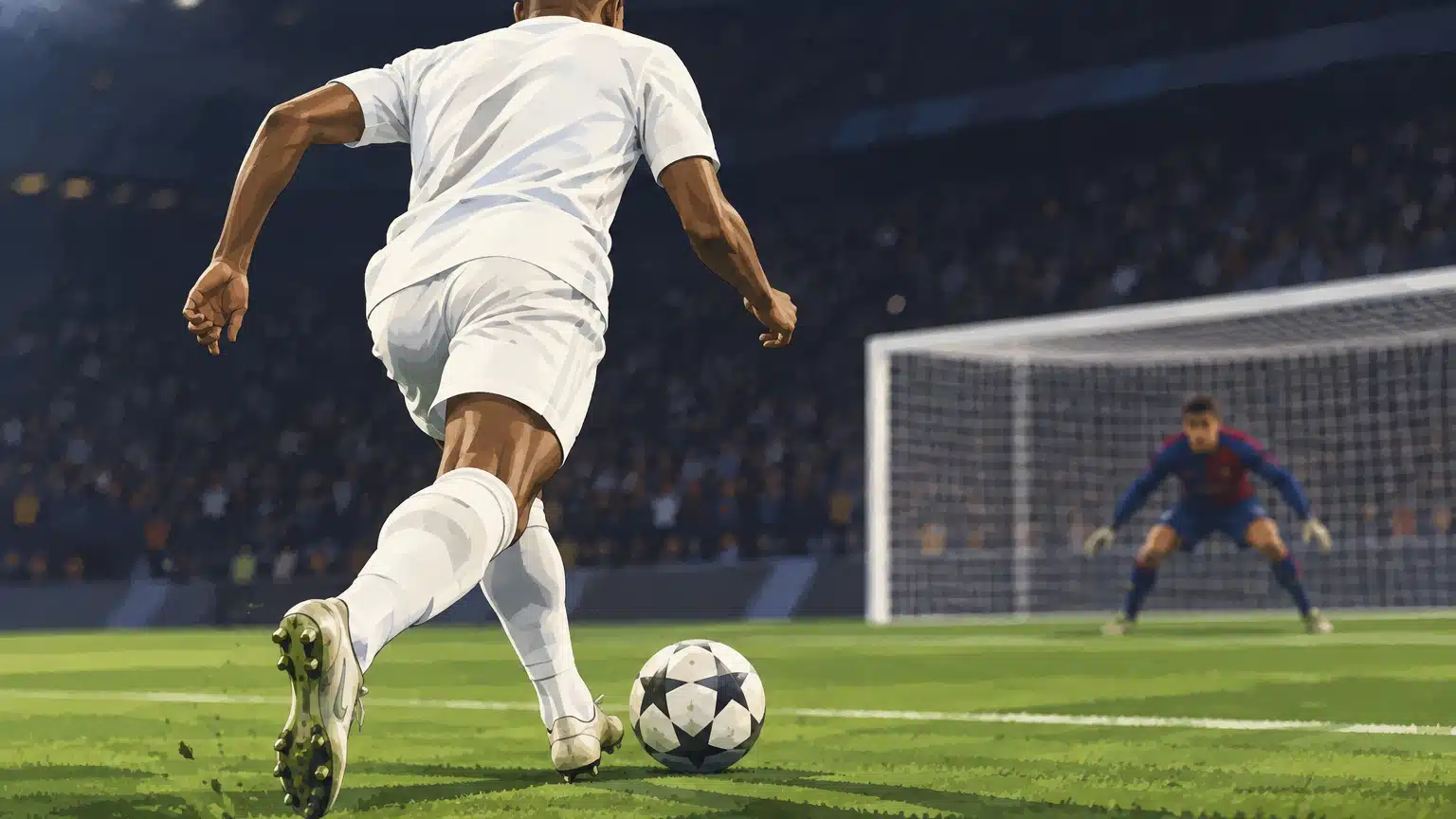 Illustrazione di Mbappé in maglia bianca con un avversario blaugrana sullo sfondo