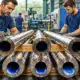Tubi metallici lavorati in primo piano in un reparto industriale illustrato.