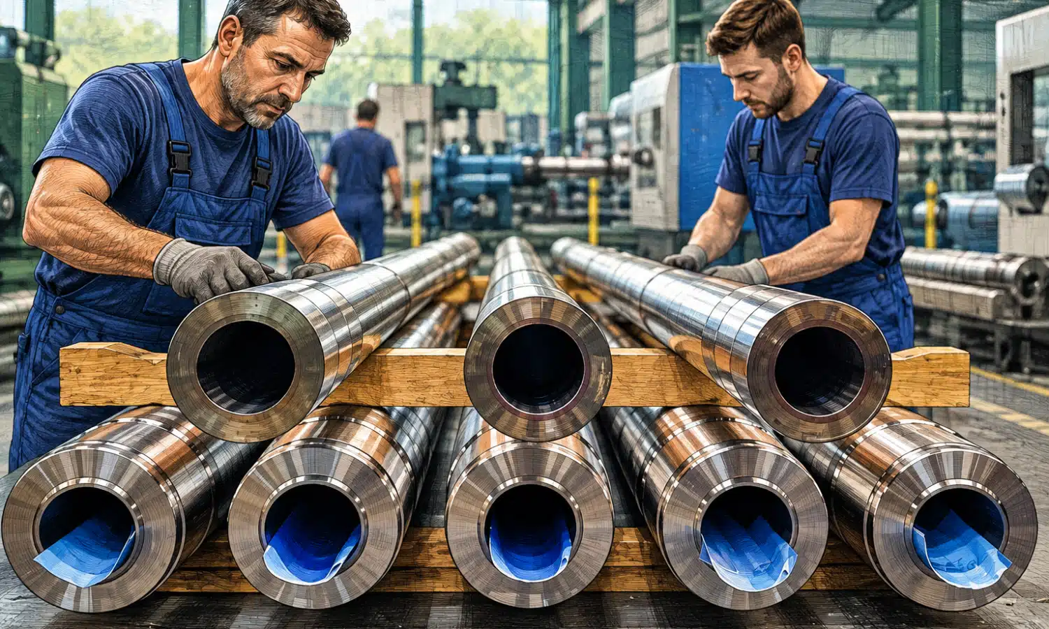 Tubi metallici lavorati in primo piano in un reparto industriale illustrato.