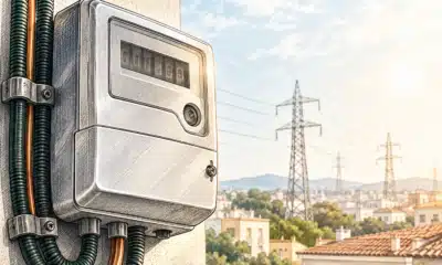 Illustrazione editoriale di un contatore elettrico senza numeri leggibili, su fondo chiaro.