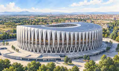 Illustrazione editoriale del progetto proposto per il nuovo stadio condiviso di Inter e Milan, con copertura curva e struttura esterna a X.