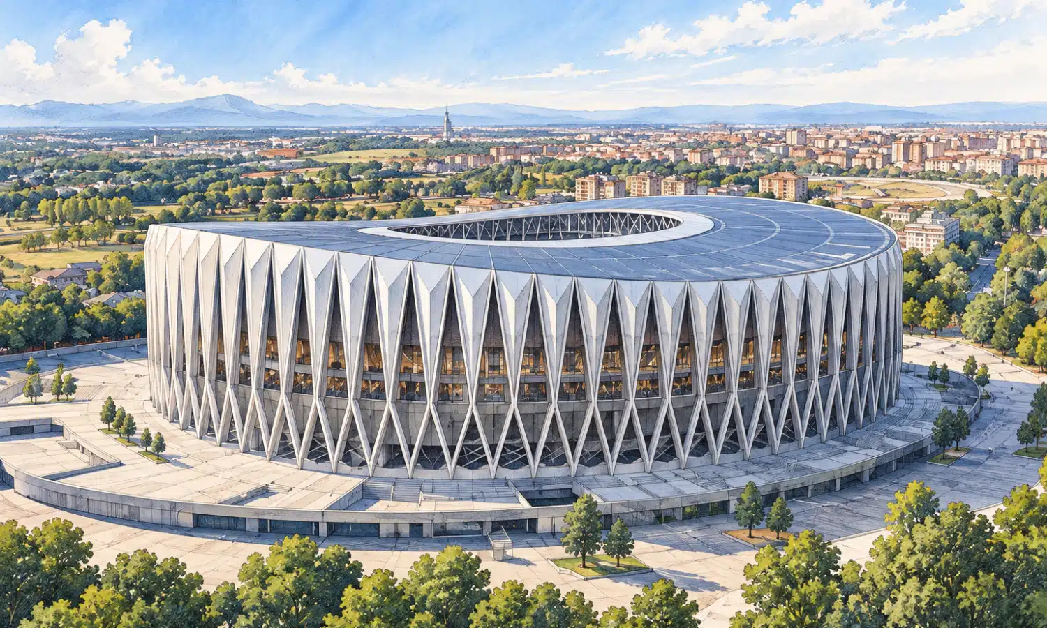 Illustrazione editoriale del progetto proposto per il nuovo stadio condiviso di Inter e Milan, con copertura curva e struttura esterna a X.
