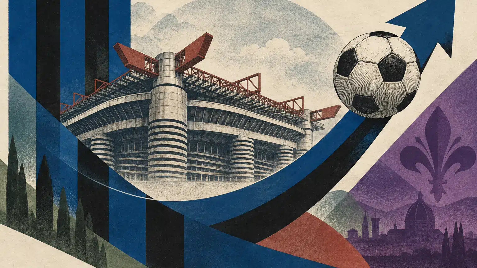 Un pallone lungo una freccia ascendente tra campiture nerazzurre e viola, con la sagoma di San Siro sullo sfondo.