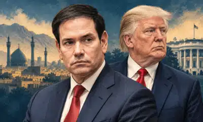 Illustrazione editoriale di Marco Rubio in primo piano e Donald Trump sullo sfondo, sul tema della decisione non ancora presa su nuovi attacchi all’Iran.
