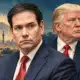 Illustrazione editoriale di Marco Rubio in primo piano e Donald Trump sullo sfondo, sul tema della decisione non ancora presa su nuovi attacchi all’Iran.