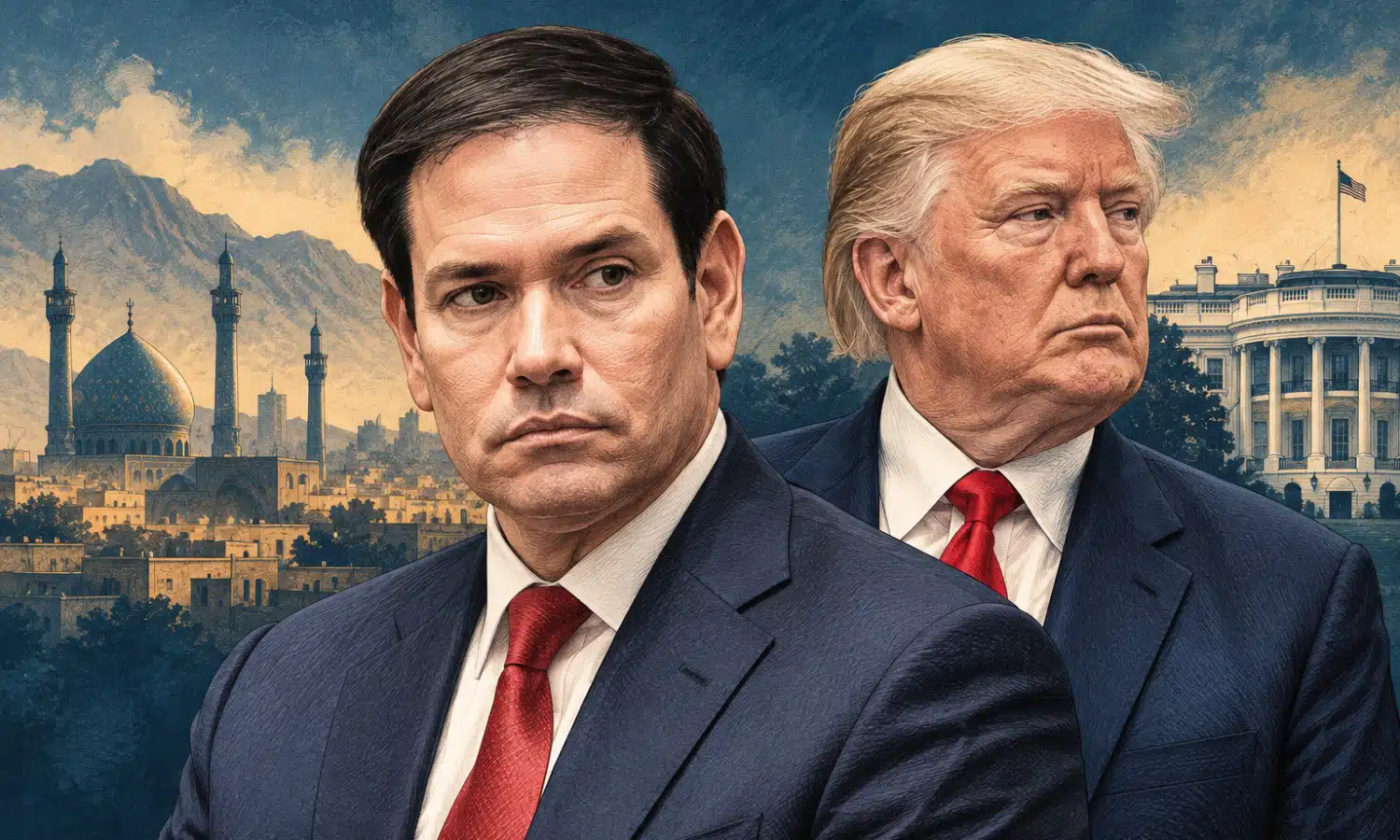Illustrazione editoriale di Marco Rubio in primo piano e Donald Trump sullo sfondo, sul tema della decisione non ancora presa su nuovi attacchi all’Iran.