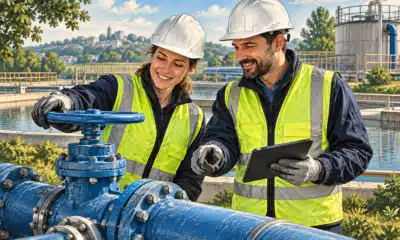 Due addetti presso una condotta idrica e una valvola, in un impianto di trattamento dell’acqua.