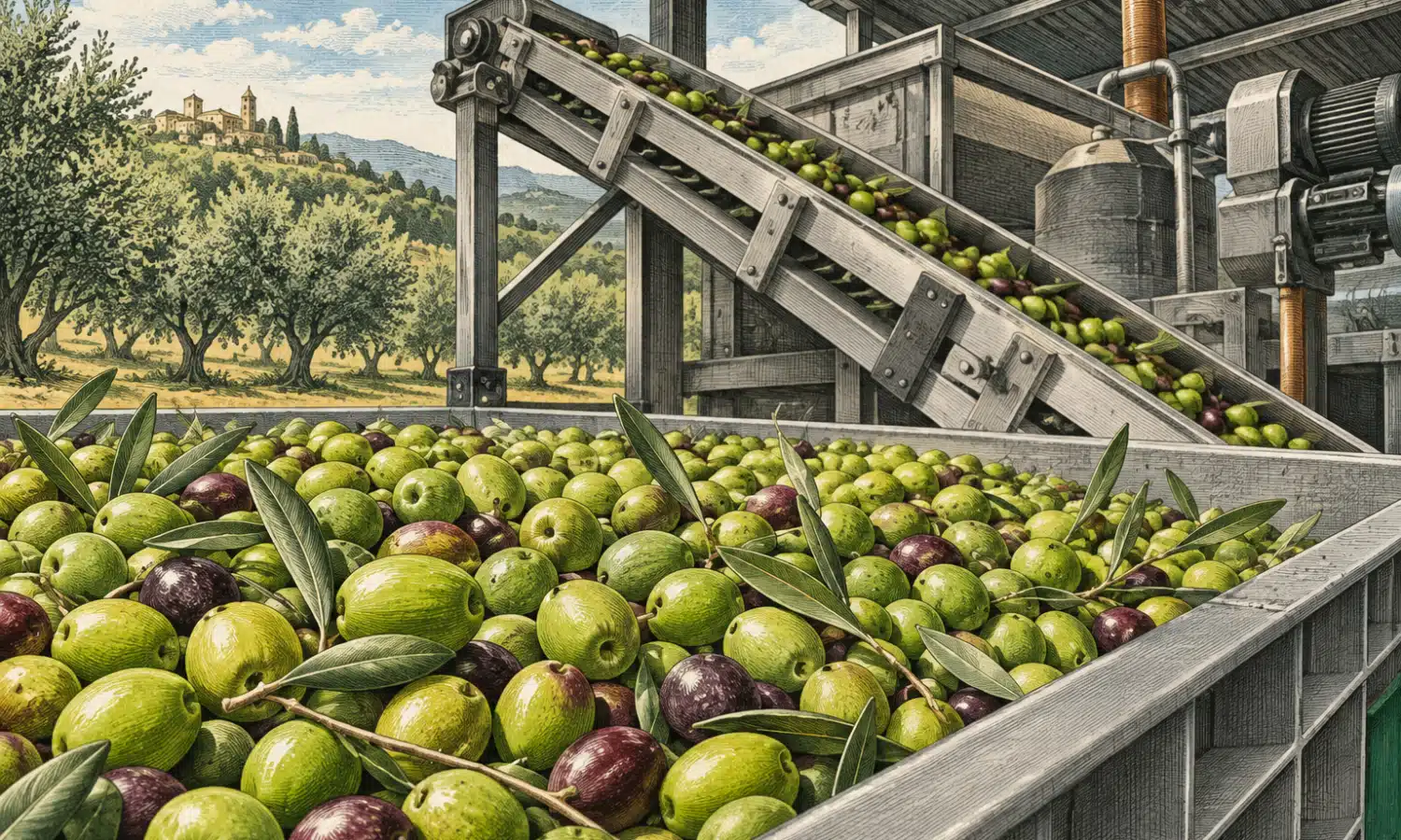 Olive sul nastro trasportatore di un frantoio, in un’illustrazione editoriale sul nuovo finanziamento ISMEA.