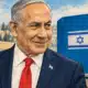 Illustrazione editoriale ispirata a Benjamin Netanyahu in primo piano, con una cabina elettorale blu sullo sfondo.