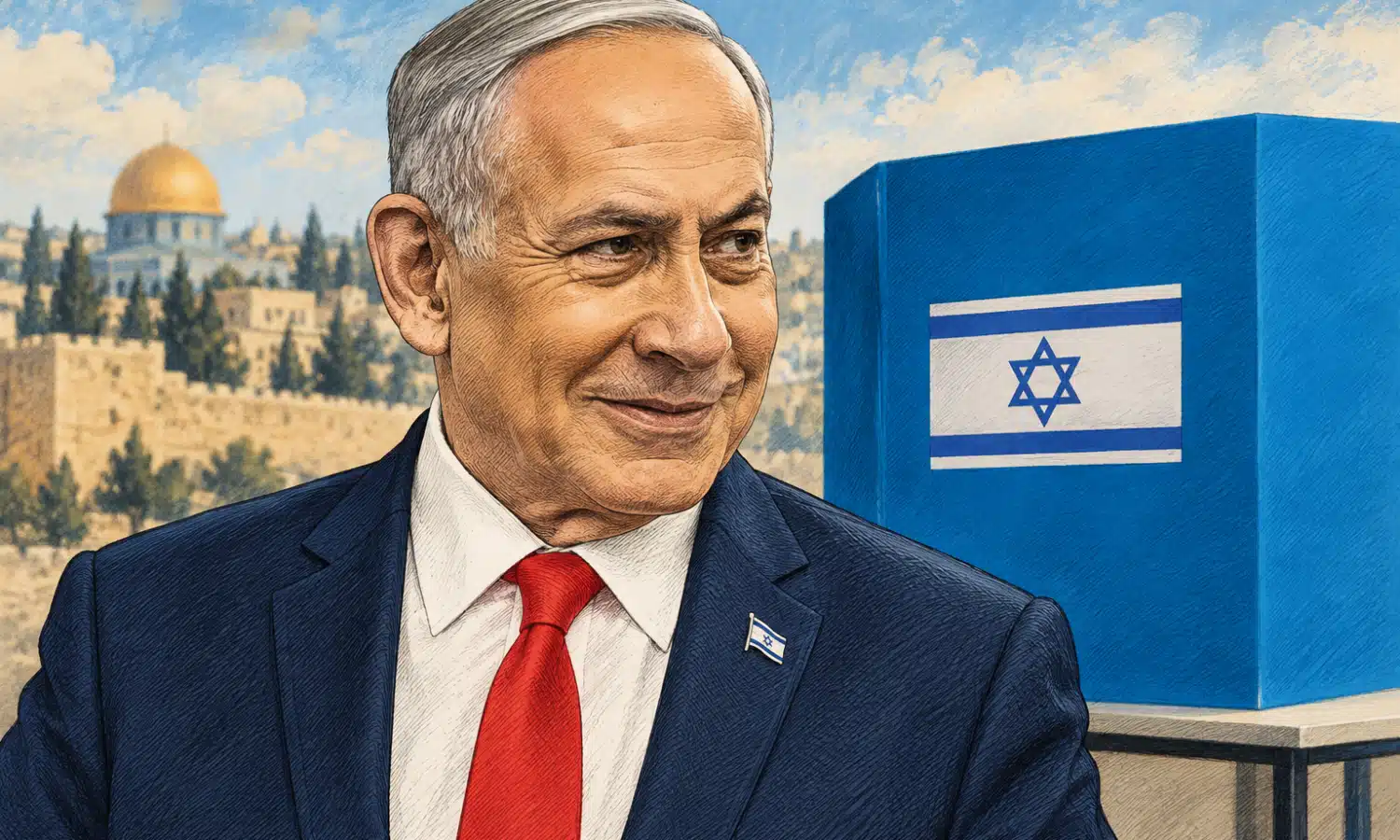 Illustrazione editoriale ispirata a Benjamin Netanyahu in primo piano, con una cabina elettorale blu sullo sfondo.