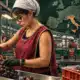 Illustrazione di una lavoratrice al confezionamento della frutta lungo una linea di lavoro.