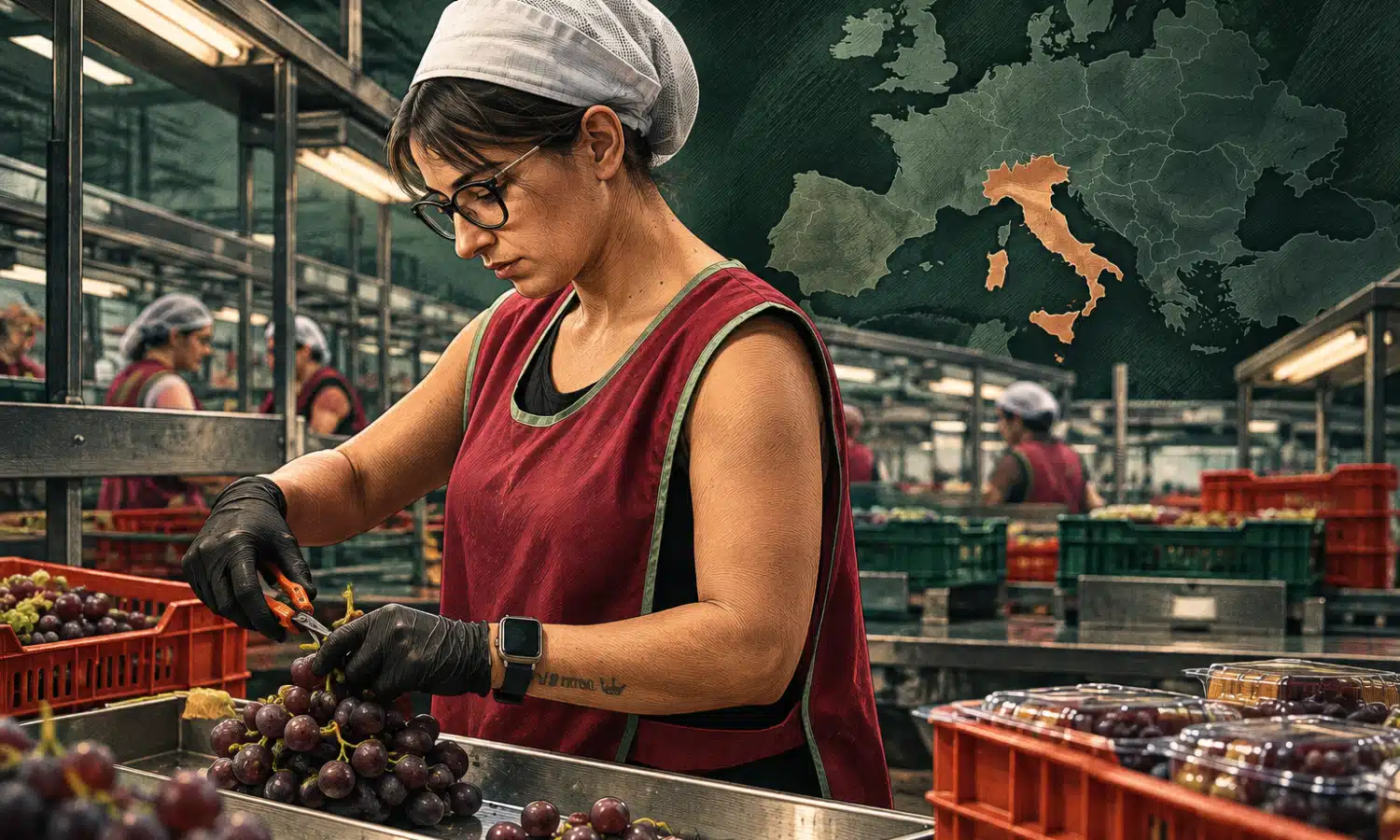 Illustrazione di una lavoratrice al confezionamento della frutta lungo una linea di lavoro.