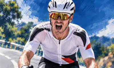 Illustrazione editoriale di un corridore UAE in primo piano accanto alla bici.