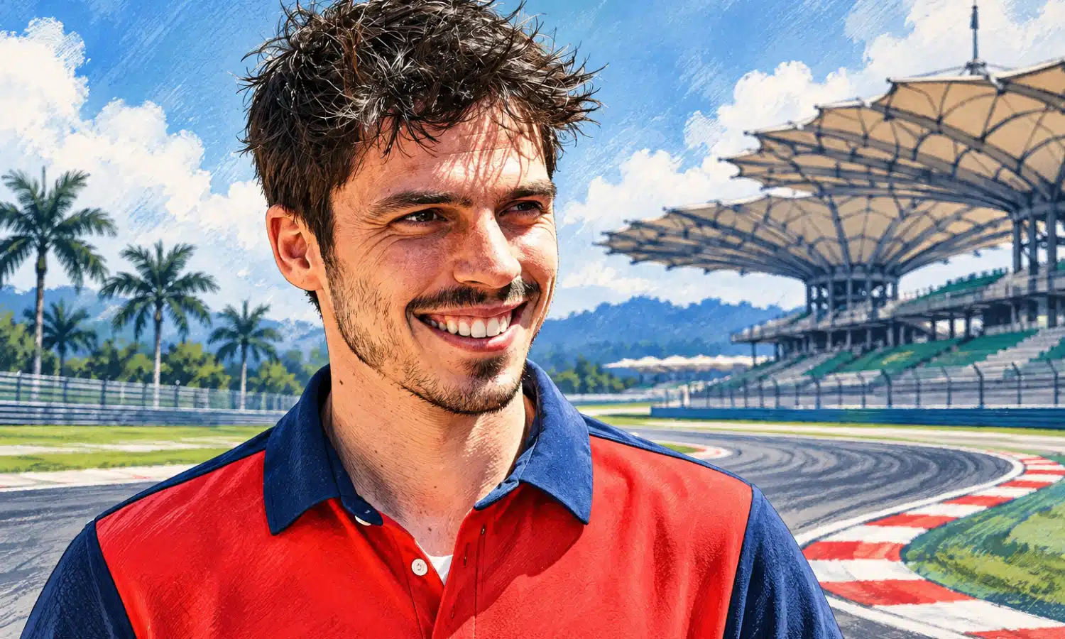 Illustrazione editoriale del pilota al centro della notizia, ritratto in primo piano con uno sfondo essenziale ispirato al circuito di Sepang.