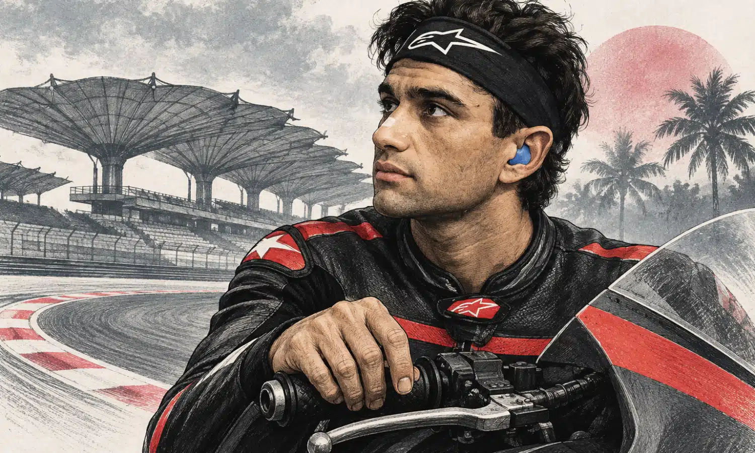 Illustrazione editoriale di un pilota motociclistico ritratto accanto ai comandi di una moto, con attenzione al polso destro.