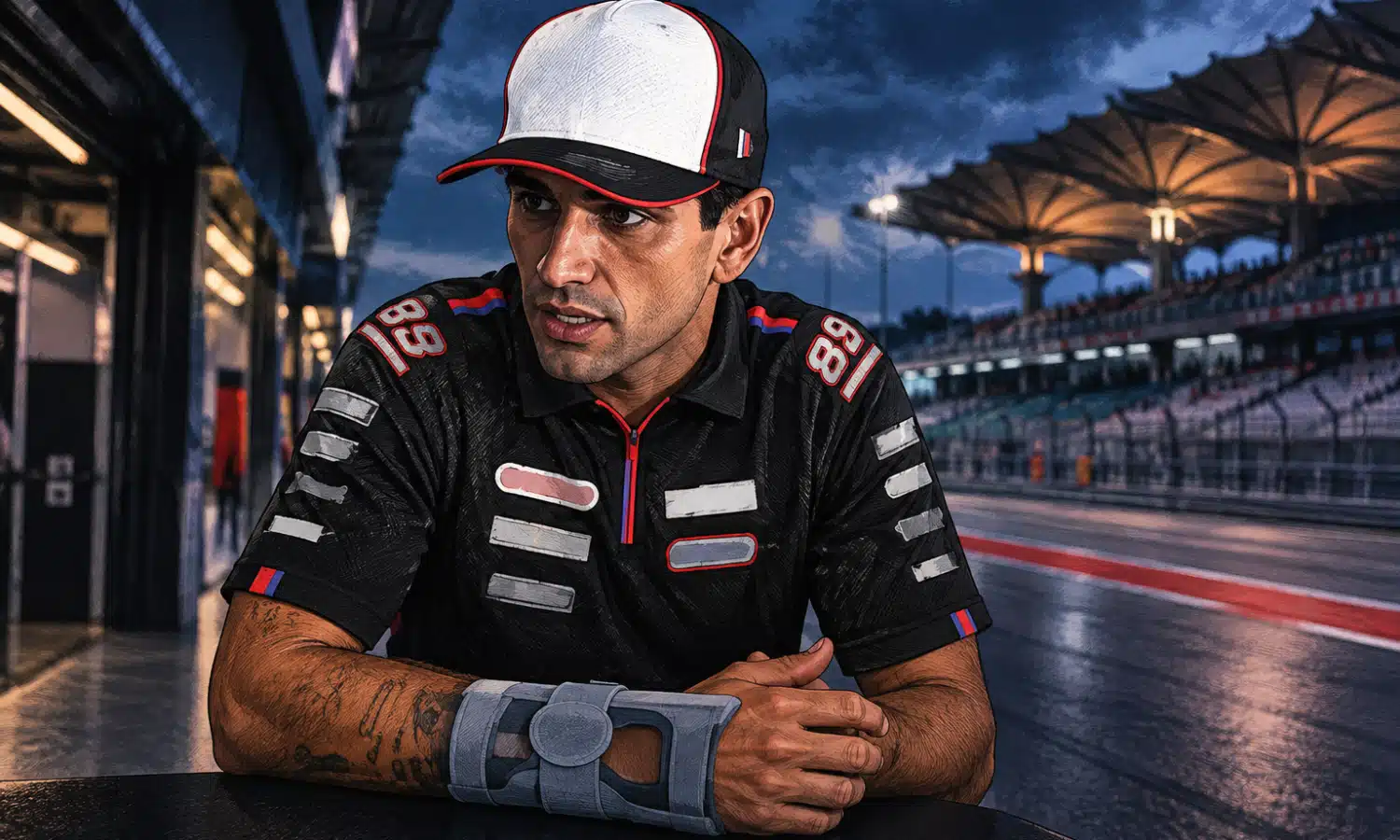 Illustrazione editoriale di Jorge Martín con il supporto al braccio destro e un accenno del circuito di Sepang sullo sfondo.