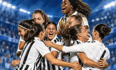 Calciatrici della Juventus Women festeggiano insieme, ispirate al gruppo nella foto di riferimento.