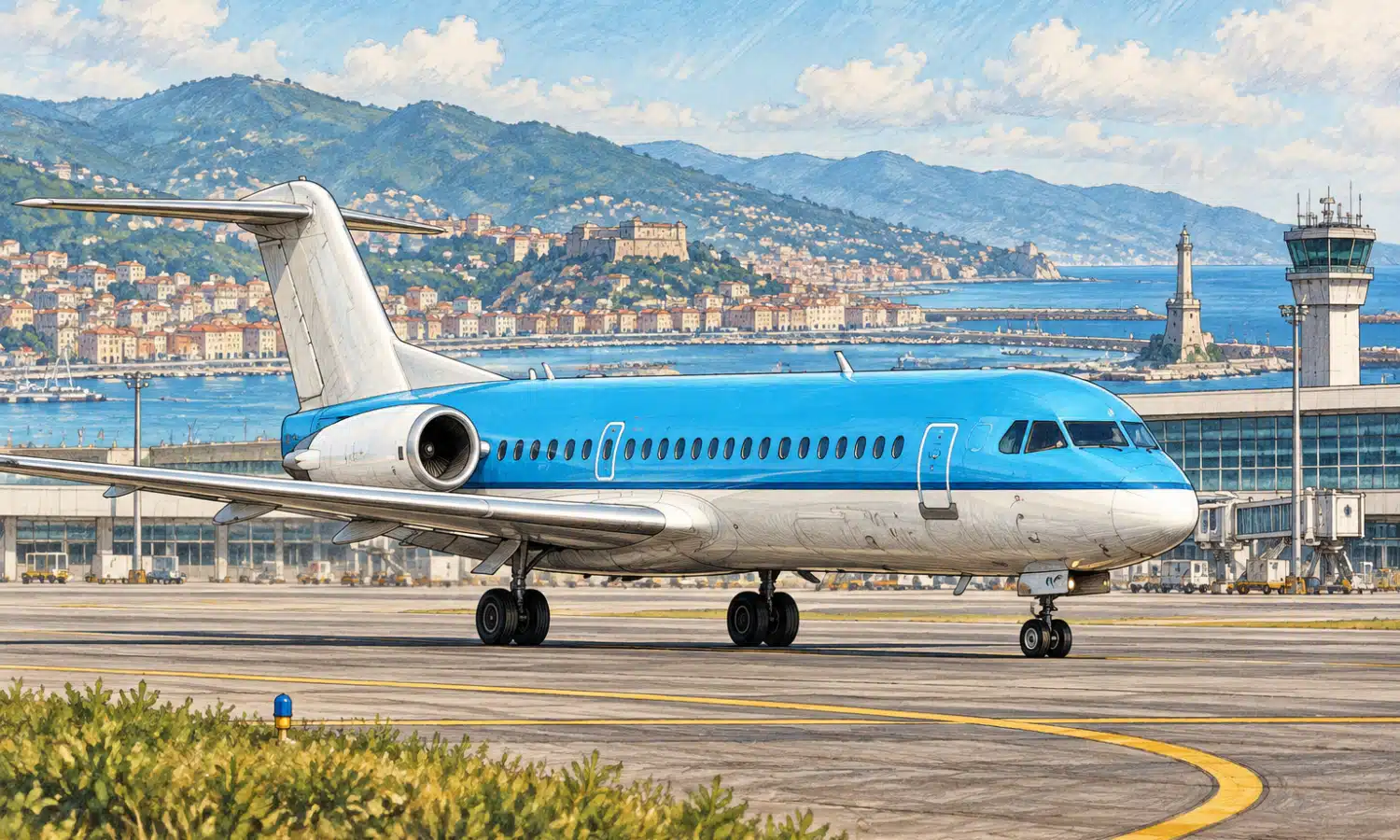 Illustrazione di un aereo regionale bianco e blu sulla pista dell’aeroporto di Genova, con il profilo costiero sullo sfondo.