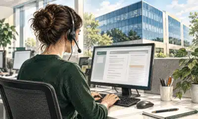 Illustrazione di un’addetta generica al lavoro a una postazione di call center con cuffie e computer.