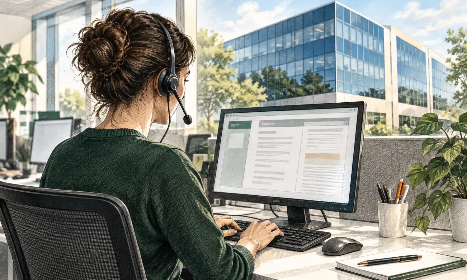 Illustrazione di un’addetta generica al lavoro a una postazione di call center con cuffie e computer.