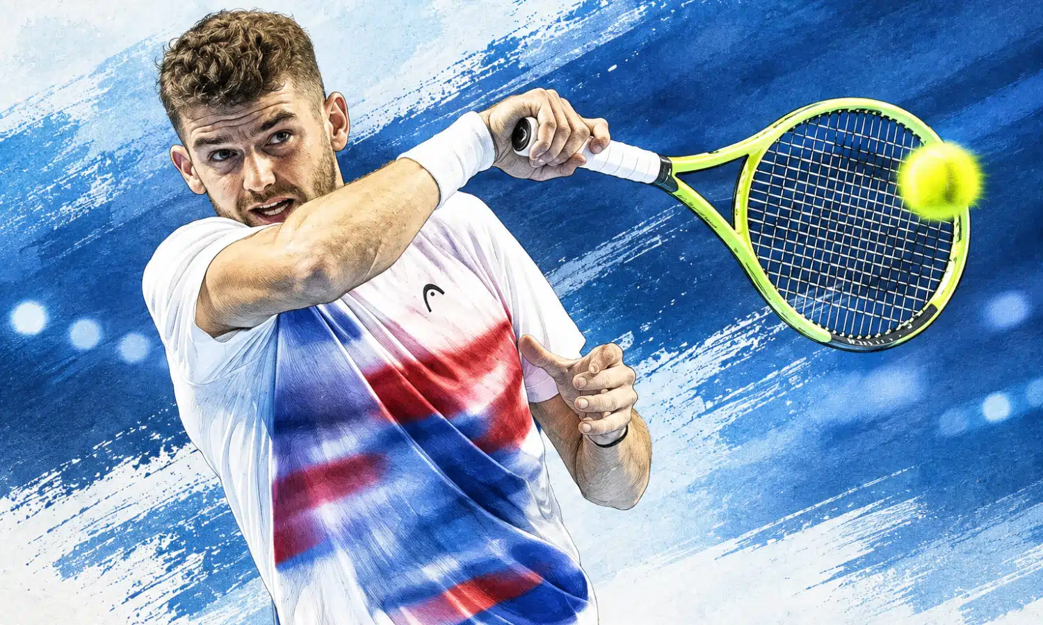 Illustrazione editoriale di un tennista in primo piano con racchetta e palla, su uno sfondo blu luminoso.