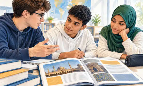 Tre studenti consultano un fascicolo didattico aperto su un banco in un’aula luminosa.