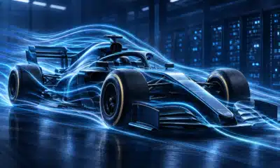 Illustrazione di una monoposto di Formula 1 generica circondata da linee di flusso d’aria in una simulazione aerodinamica.