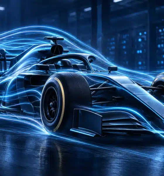 Illustrazione di una monoposto di Formula 1 generica circondata da linee di flusso d’aria in una simulazione aerodinamica.